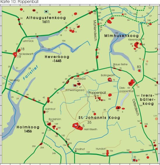 Mittelalterliche Ringdeiche und jüngere Eindeichungen im Gebiet von Poppenbüll und Osterhever, Eiderstedt. (c) DM